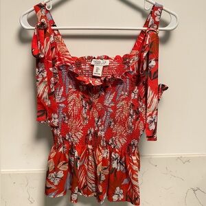 Rachel Zoe Red Floral Peplum Smocked Tank Womens Size Small NWOT